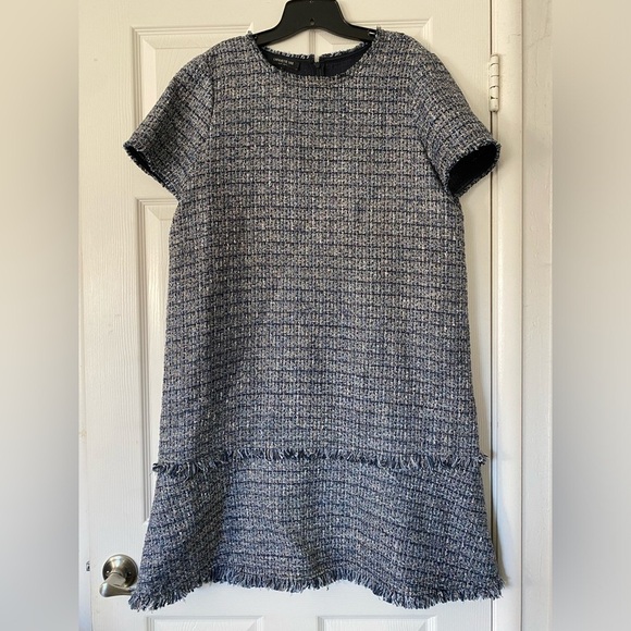 Lafayette 148 Dress Blue Shades Tweed Short Sleeve Frayed Trim Size Large - Picture 1 of 8
